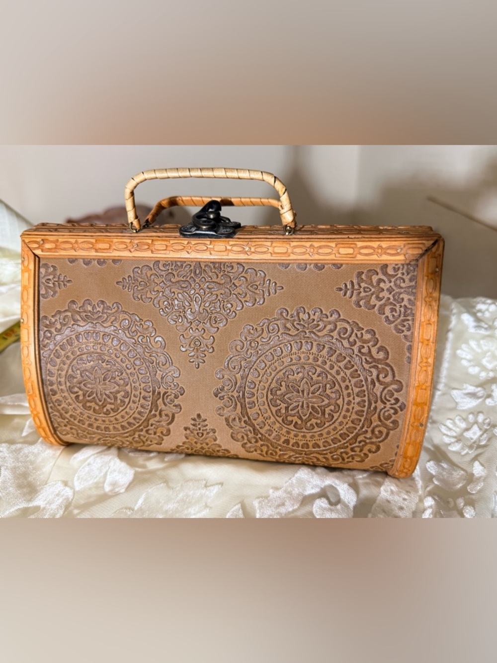 Handcrafted Embossed Brown Boho Top-Handle Bag to use as Home Decor or Handbag
